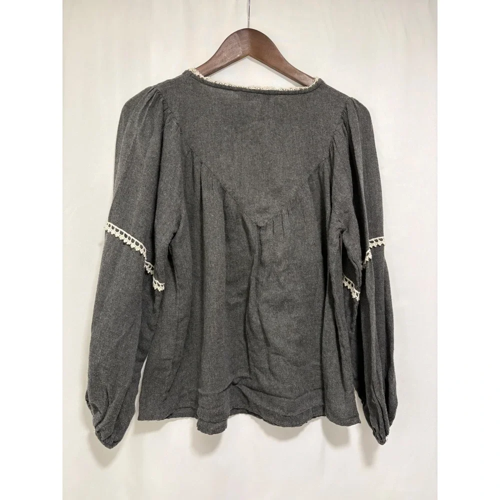 Zara Basic Women's S Gray Cotton Lace Applique Balloon Sleeve Boho Blouse